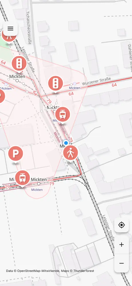 Haltestellen sind mit einem roten Kreis markiert. App-Screenshot zeigt die Übersichtskarte von OpenStop mit umliegenden Haltestellen.