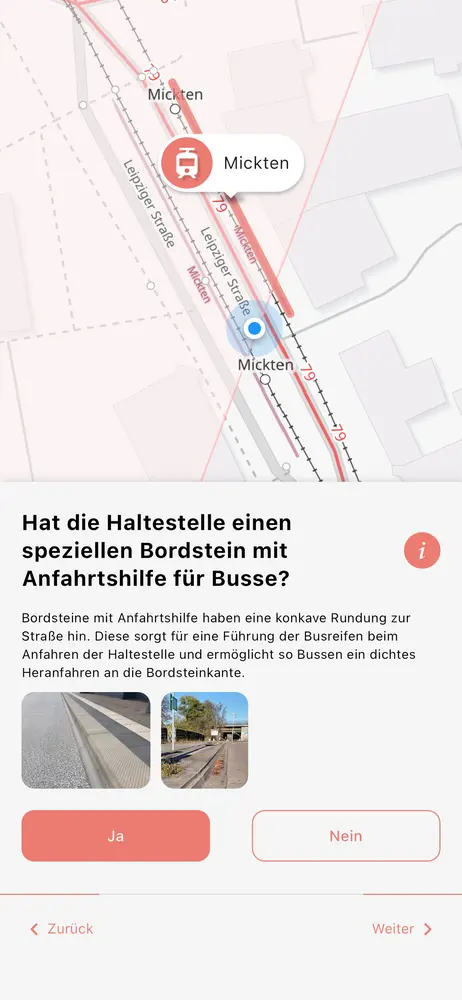 App-Screenshot zeigt folgende Auswahl-Frage: Welche Spurführung besitzt die Plattform?